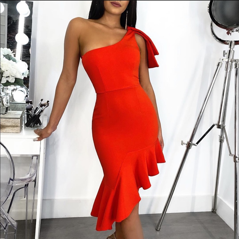 Red One Shoulder Midi Dress